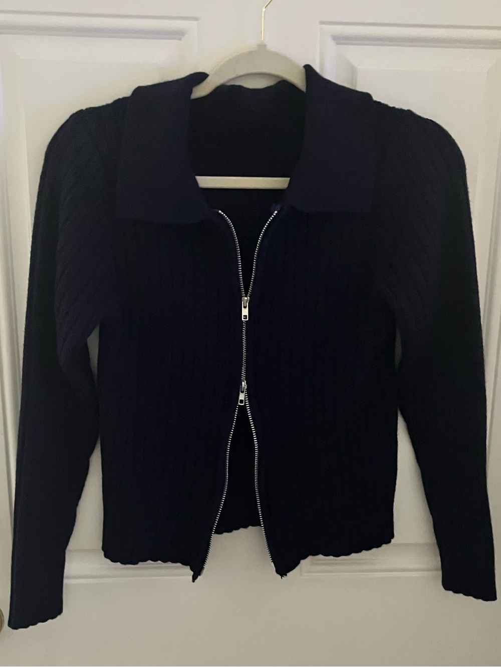 Navy Ribbed Two-Way Zip Cardigan-Small - Picture 3 of 6
